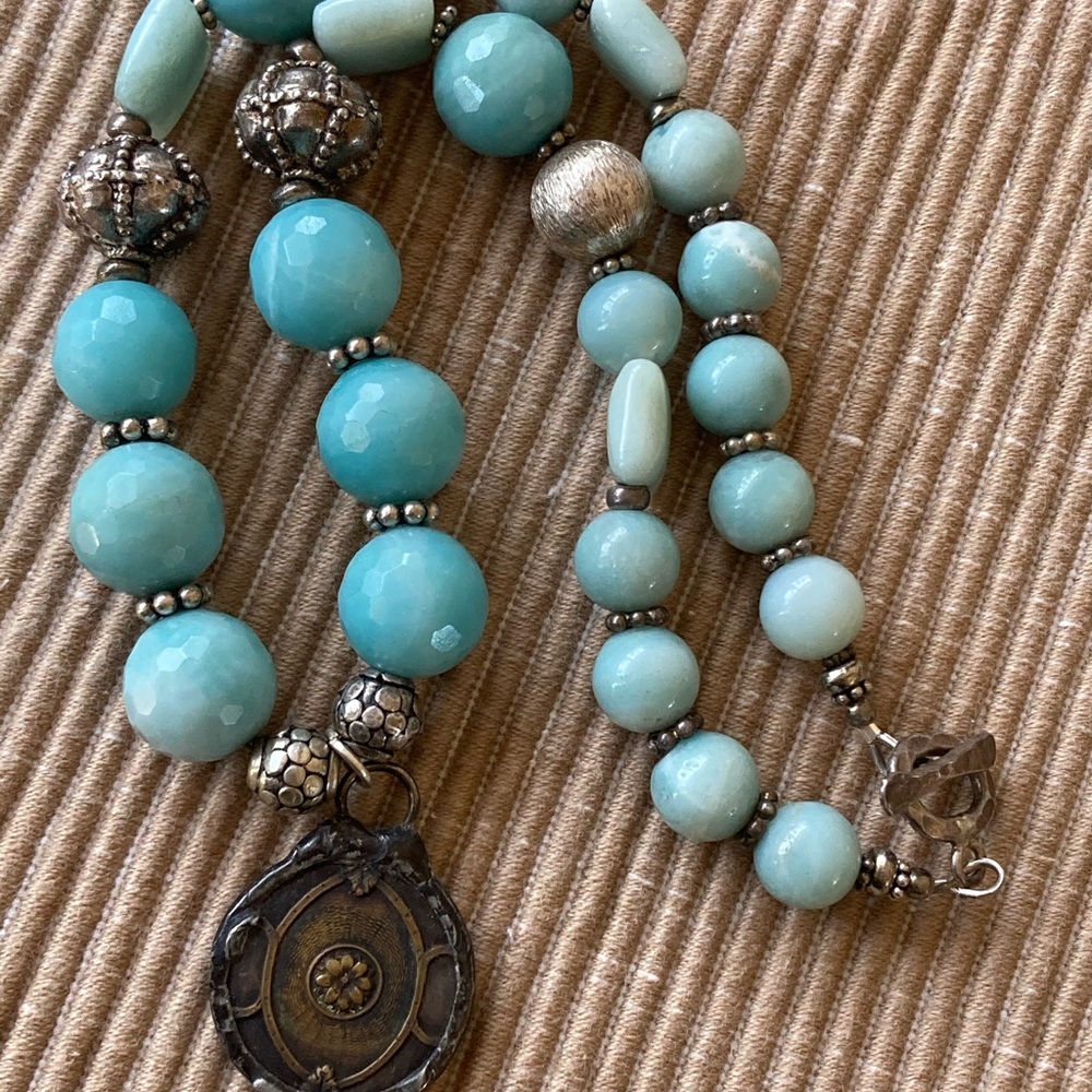 NWT Amazonite & Sterling Silver Necklace with Channel Set Coin Brass Pen…